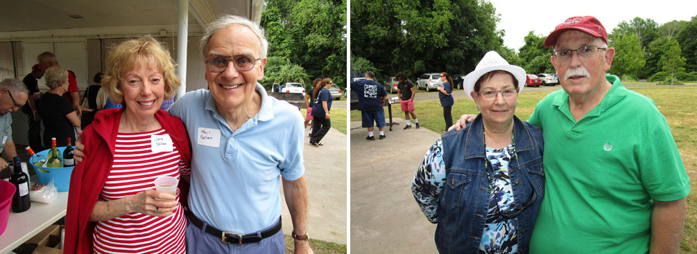 Two separate photos: first showing a man and woman smiling at the picnic event and the second a separate woman and man smiling