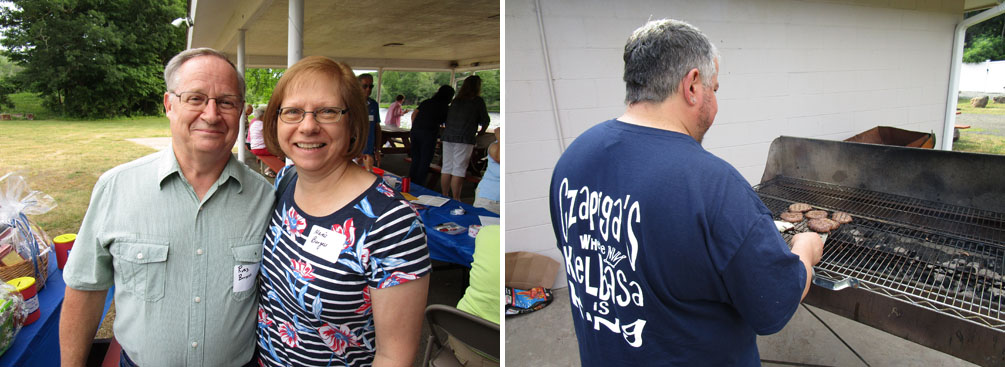Two separate photos: first one showing a man and woman smiling at the picnic event and the second shows a man grilling at the event
