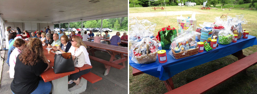 First photo showing picnic guests at the picnic tables and the second photo showing a table full of prizes