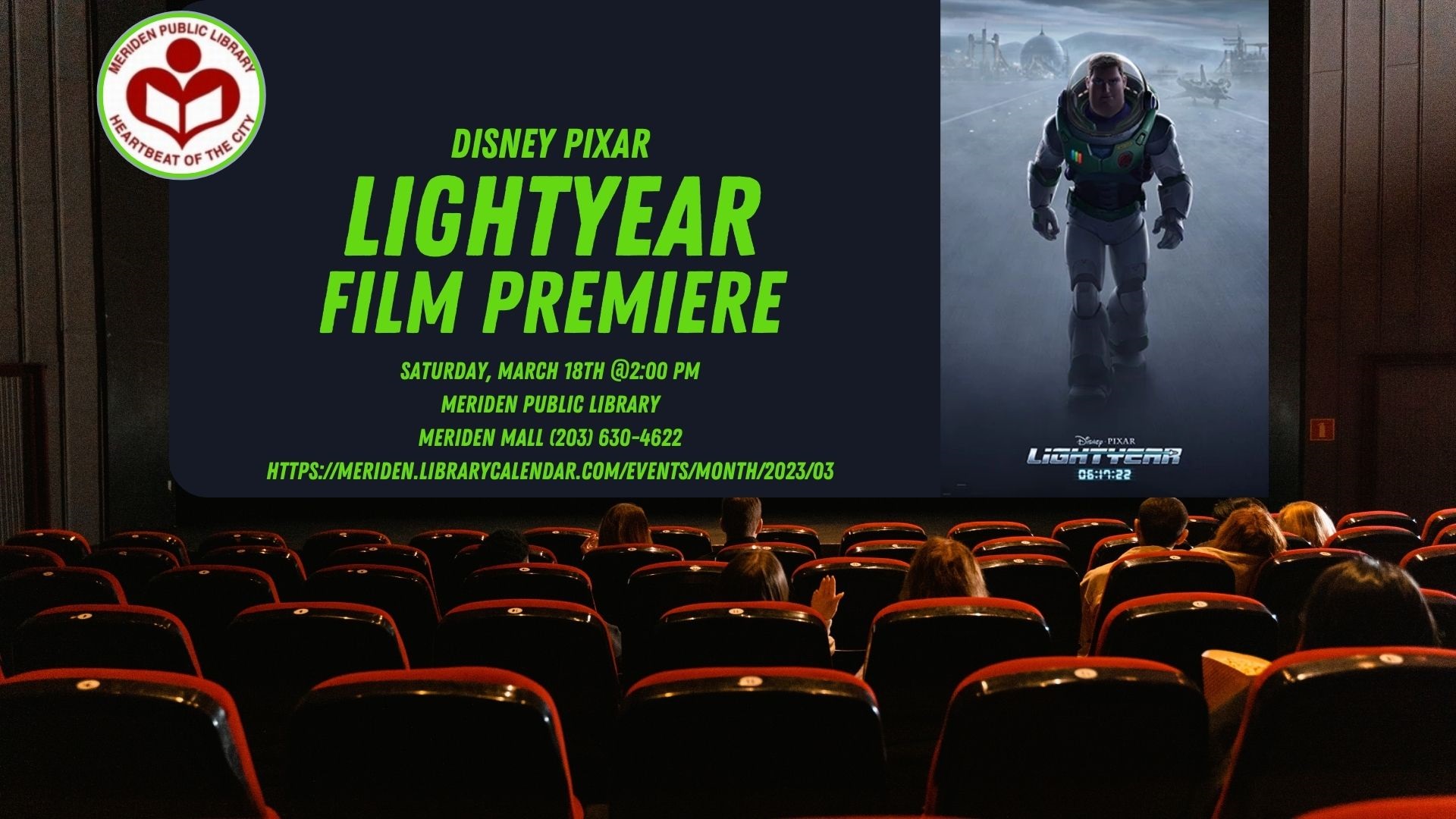 Buzz Lightyear is projected on a screen in a packed movie theater. "Lightyear Film Premier" is written beside him in lime green. 