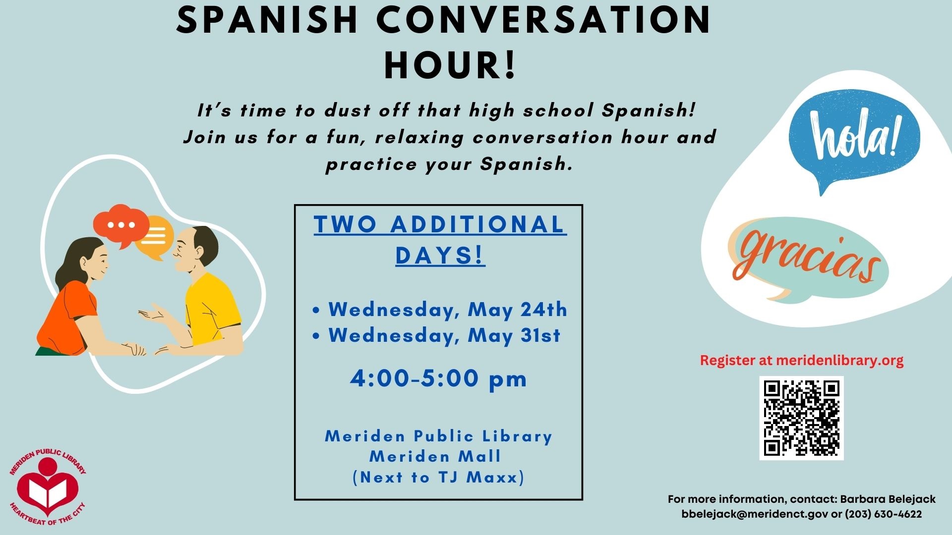 Spanish Conversation hour written in text next to two people conversing together