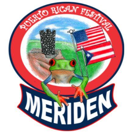 Logo for the Meriden Puerto Rican festival featuring the Hubbard Park tower, a frog and both the Puerto Rican and USA flag
