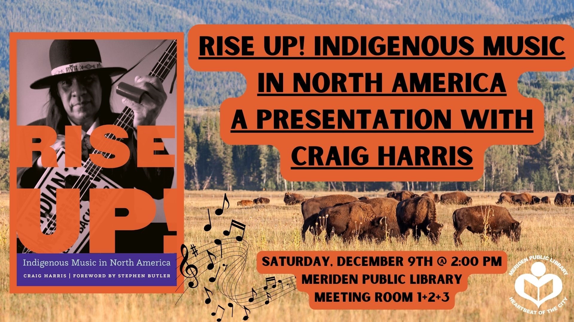 A picture of Craig Harris' book "Rise Up! Indigenous Music of North America" sits in front of the roaming buffalo and wild plains of North America