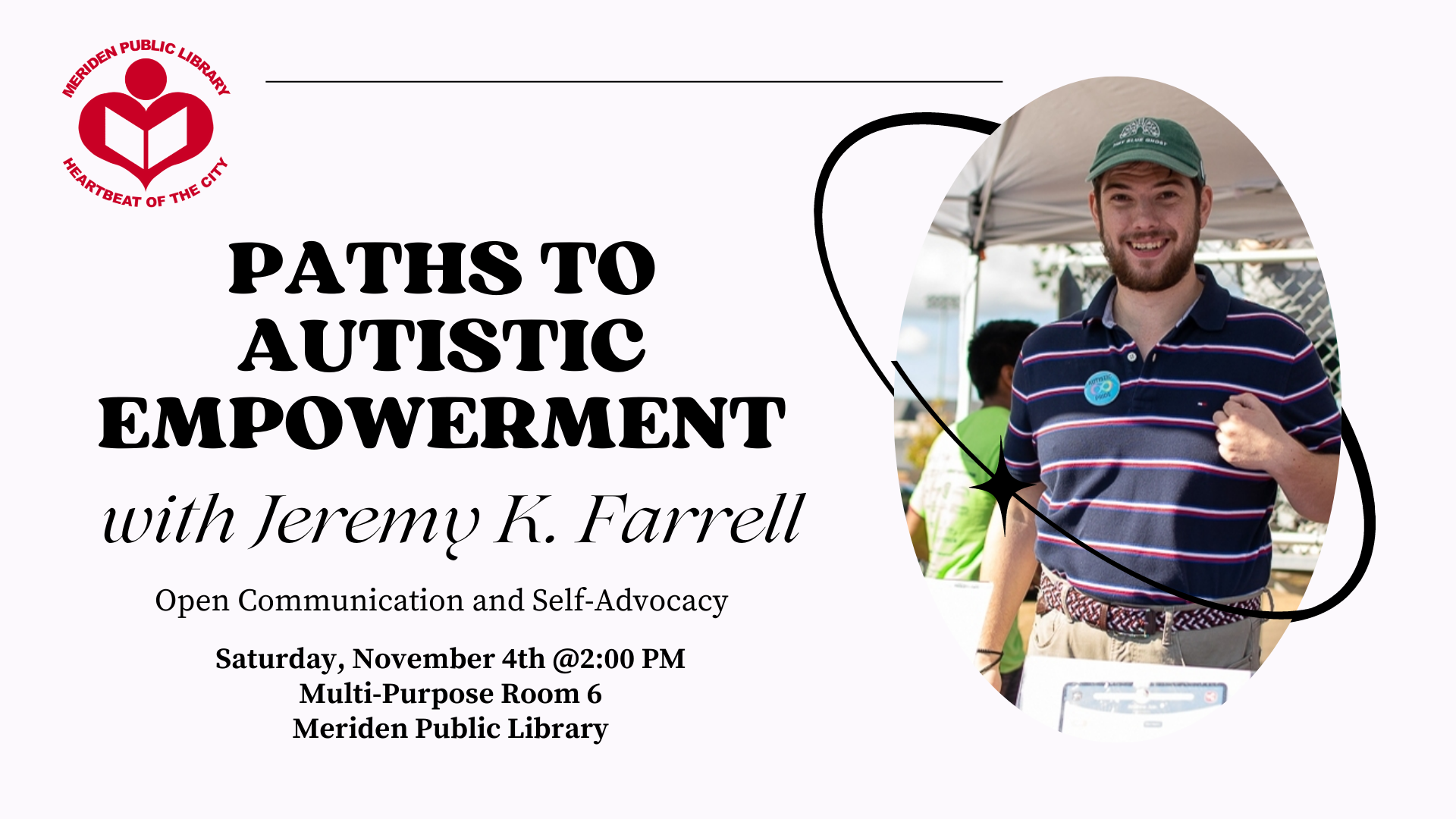 Jeremy K. Farrell is smiling in a circular picture frame against a white background with the Meriden Public Library logo sitting in the top left corner