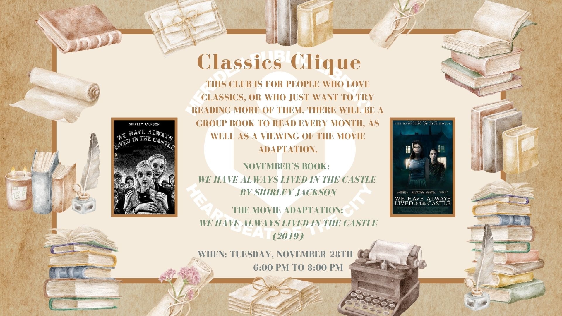 Books and a typewriter adorn the frame. "Classic Clique" is written in the middle along with a description of the club. The MPL logo is faded but visible behind the writing.