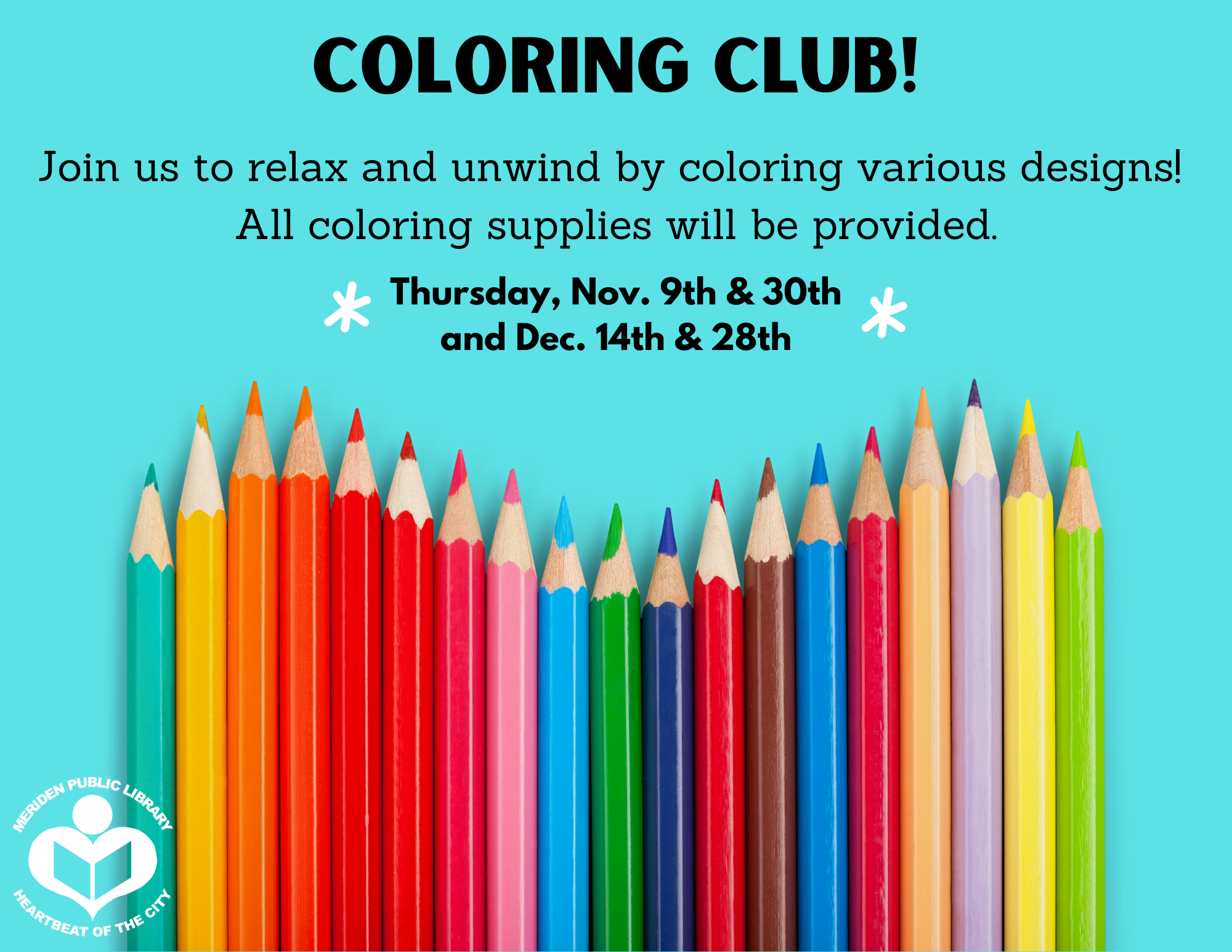Light blue background with various colored pencils lined up