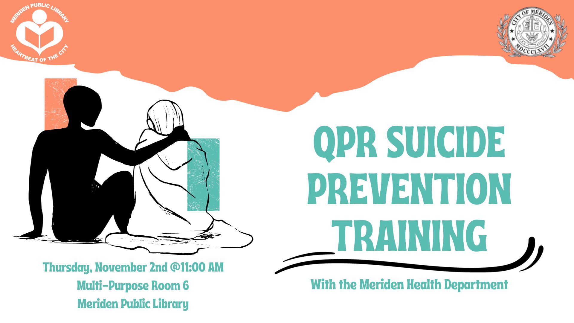 A shadow comforts a woman in a blanket. QPR Suicide Prevention Training is written in bold cyan letters to the right of the pair.