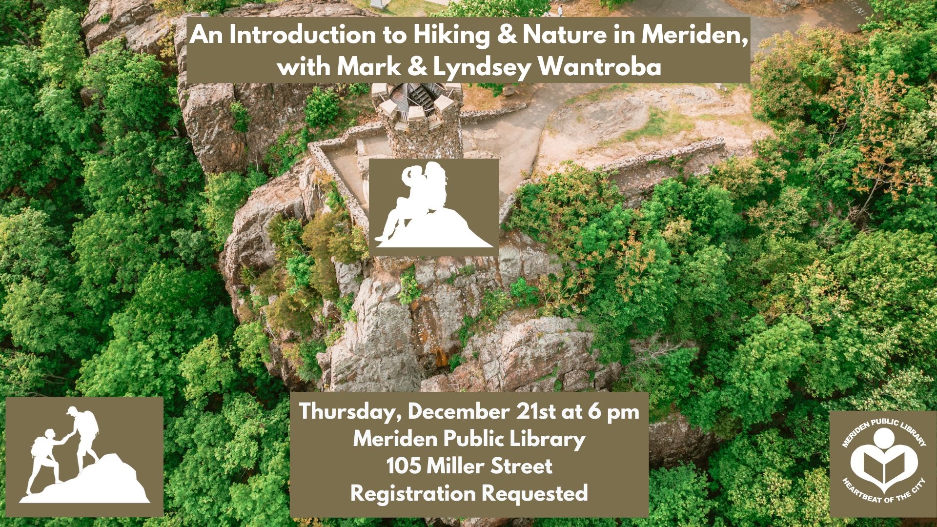 Hiking and Nature in Meriden Lecture written over a background of Castlee Craig