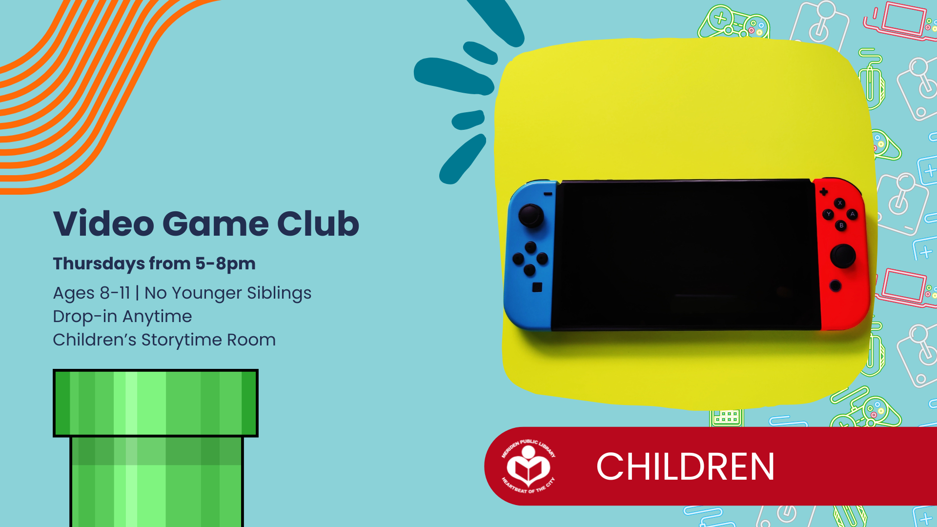 Multi-colored game controller on the right for the Video Game Club