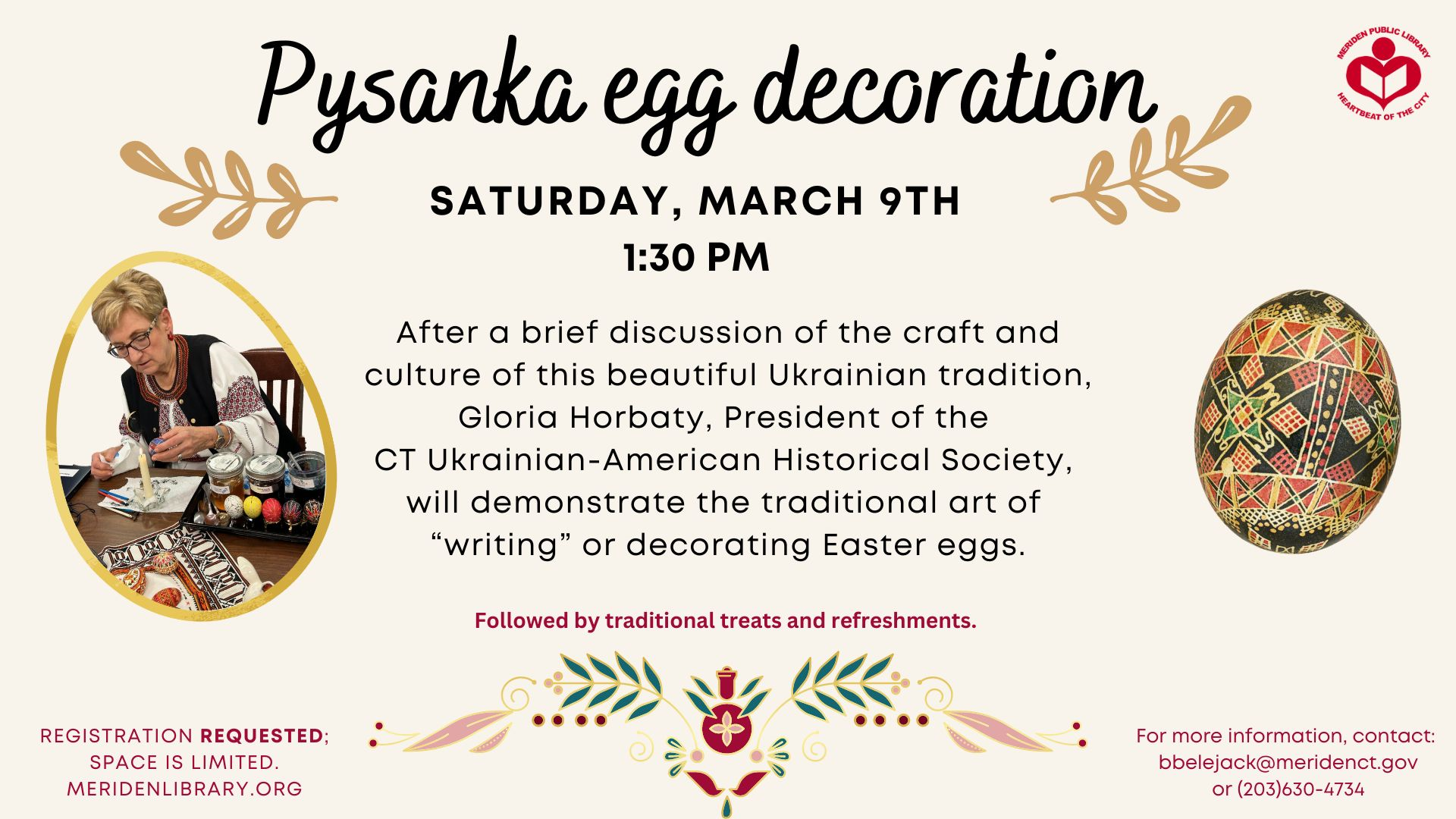 Picture of woman decorating Ukrainian eggs and a picture of a decorated Ukrainian egg between text