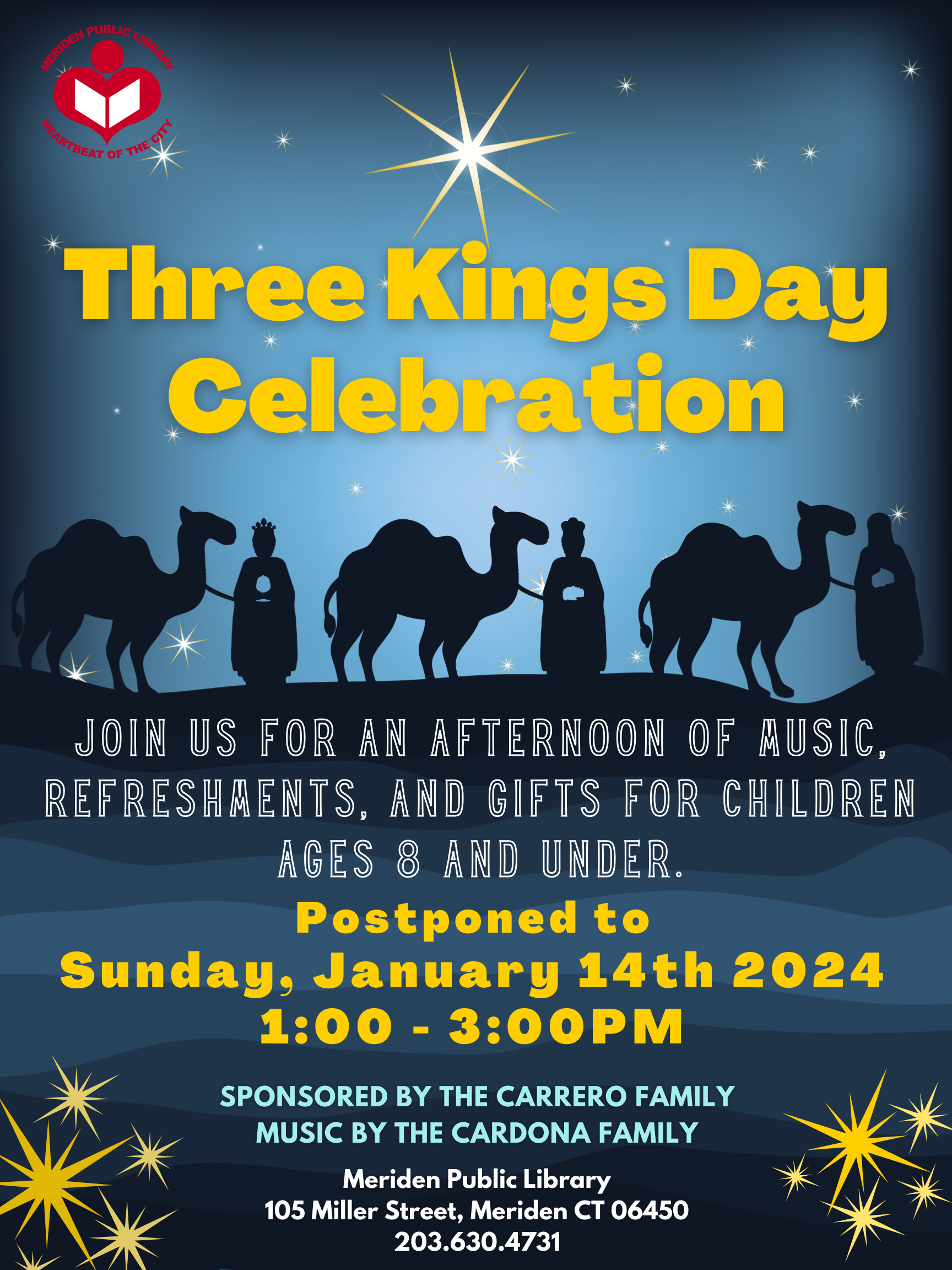The three kings with camels are silhouetted in black in front of a blue night sky with shining yellow stars