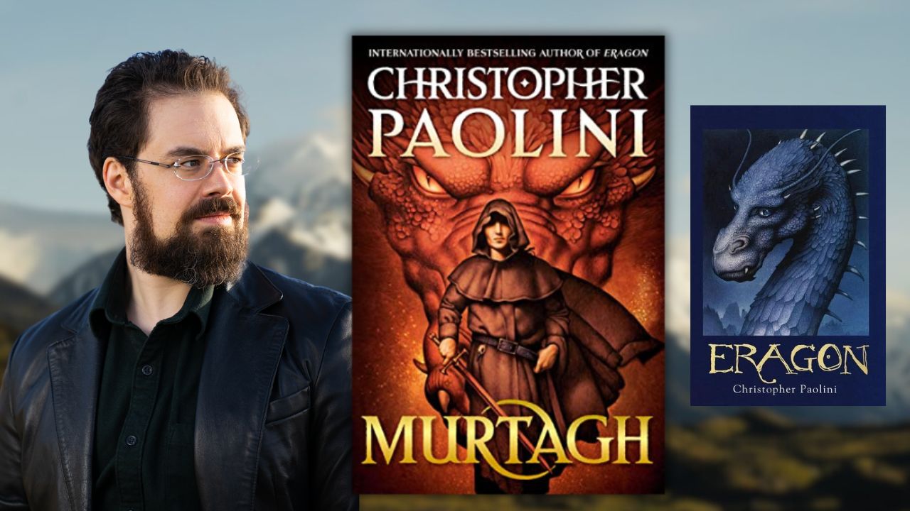 A picture of Christopher Paolini and his two books, Eragon and Murtagh