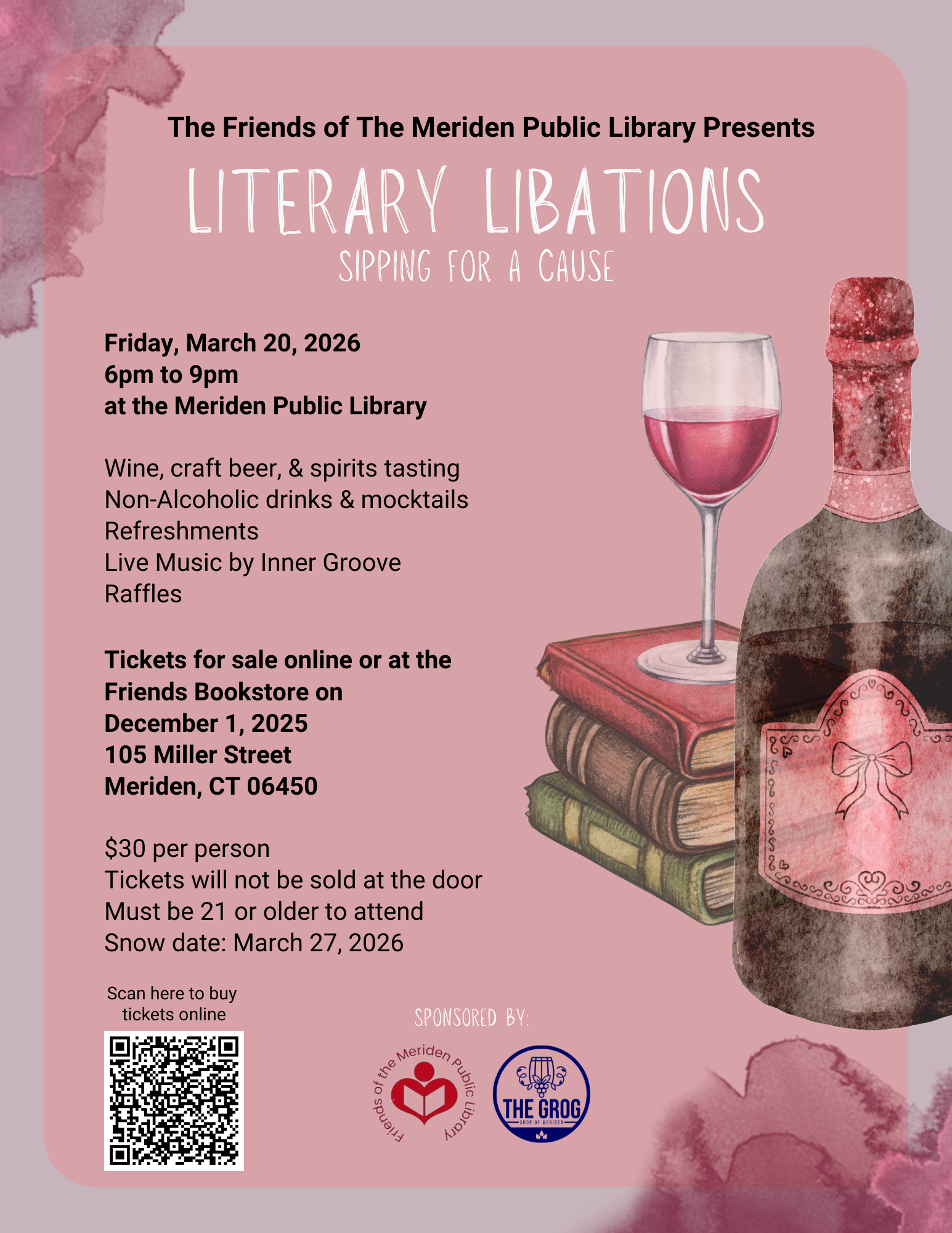 Literary Libations Sipping for a Cause flyer with pink background wine bottle a stack of books with a wine bottle on top