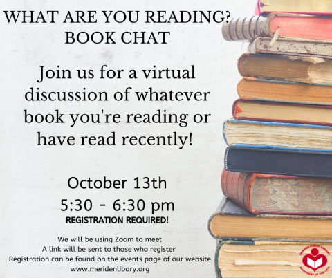 Book Club October 13th 5:30pm register at meridenlibrary.org/events
