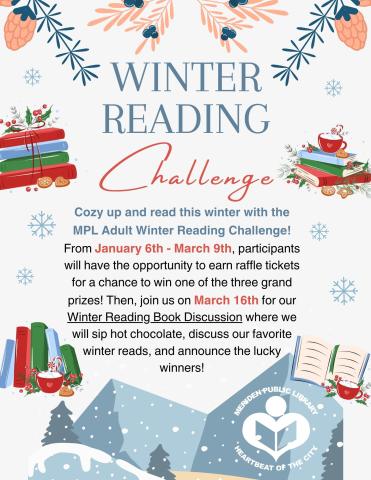 Winter reading challenge flyer with cartoon books, candy canes, hot chocolate and the MPL logo
