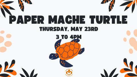 Orange and black turtle in middle of frame with kelp in corners, verbiage above turtle