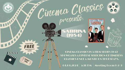 Olive green background with a tripod and camera projecting the cover of the film Sabrina