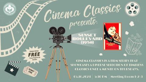 Green background with tripod projecting the film posters of Sunset Boulevard with film reel woven around