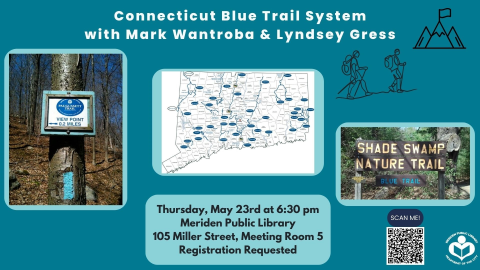 Two pictures showing Shade Swamp Nature trail, a map of Connecticut's Blue Trail and graphics of a male and female hiking with a mountain in the background.