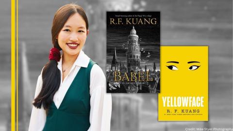 A picture of RF Kuang next to her novels "Yellowface" and "Babel"