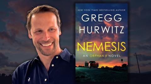 Gregg Hurwitz to left of his novel Nemesis