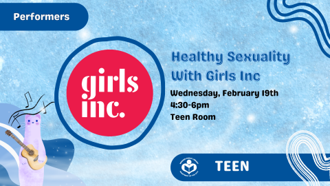 Girls Inc logo to left of verbiage with a ferret with guitar in bottom left corner over an icy blue background 