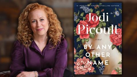 Jodi Picoult to left of her novel