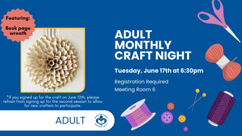 Book Page Wreath craft to left of verbiage with a blue background and various art supplies to right of verbiage 