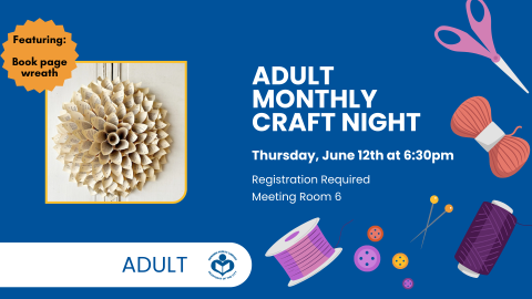 Book Page Wreath craft to left of verbiage with a blue background and various art supplies to right of verbiage 