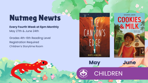 Newt under verbiage with three book covers to right