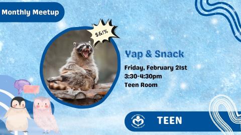 Angry racoon to left of verbiage, icy blue background with owl and penguin chatting in bottom left corner