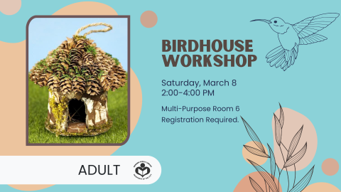 DIY birdhouse featured to left of verbiage over a blue background with flower and a hummingbird