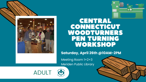 Picture of instructor turning lathe with crowd gathered to left of verbiage, cartoon wood planks and lathe over blue background 