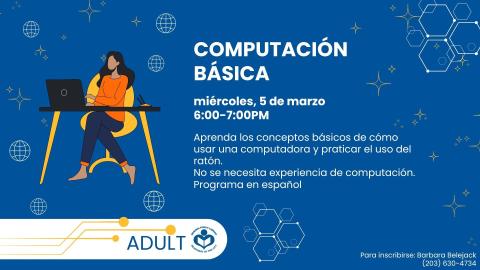 Cartoon woman sitting at computer desk to left of verbiage 