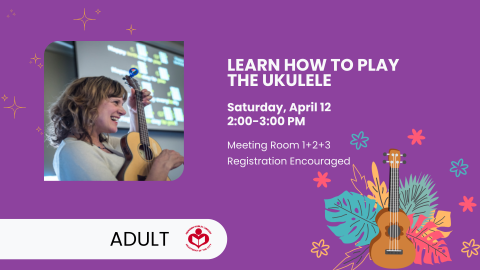 Woman playing ukulele to left of verbiage , purple background with ukulele and flowers in bottom right corner