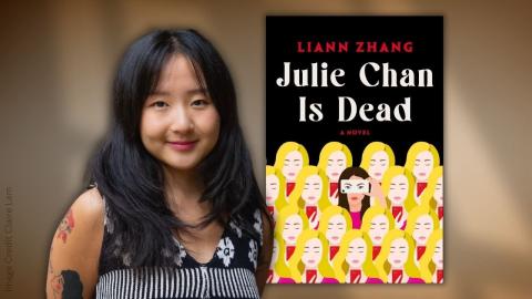 Author Liann Zhang to left of her novel "Julie Chan is Dead"
