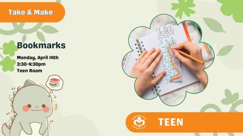 Close up of the hands of a teen coloring in a bookmark to right of verbiage