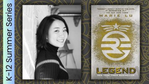 Marie Lu to left of her novel Legend