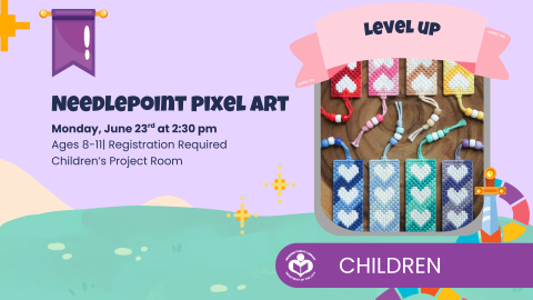 Needlepoint pixel art bookmark craft to right of verbiage 