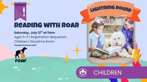 Children reading to dog to right of verbiage 