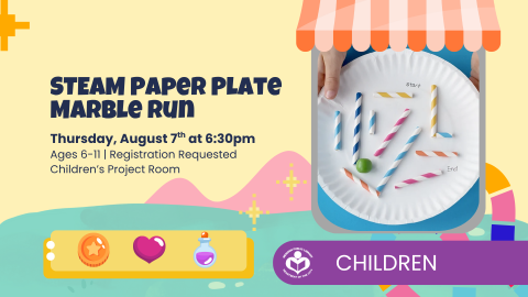 STEAM paper plate marble run craft to right of verbiage 