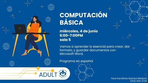 Woman working on a computer to right of verbiage 