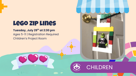 Lego figurine ziplining down string in makeshift Lego gondola to right of verbiage 