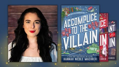 Hannah Nicole Maehrer to left of her novel Accomplice to the Villian
