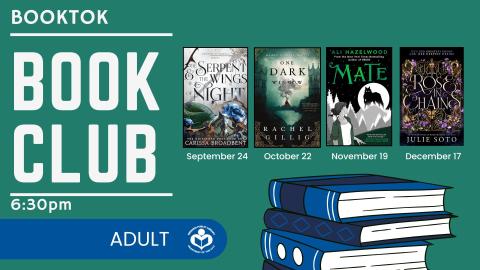 Verbiage to left with a green background, book stack below covers of each month's book