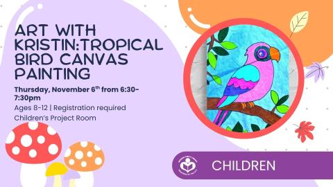 Tropical bird painting to right of verbiage 