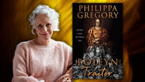 Philippa Gregory to left of her novel 