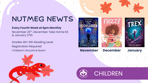 Newt under verbiage with three book covers to right