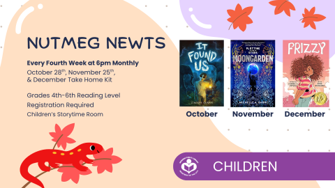 Newt under verbiage with three book covers to right