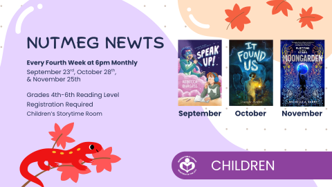 Newt under verbiage with three book covers to right